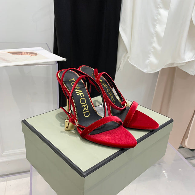 PADLOCK HIGH HEEL 10 CM SANDAL IN RUBY RED VELVET