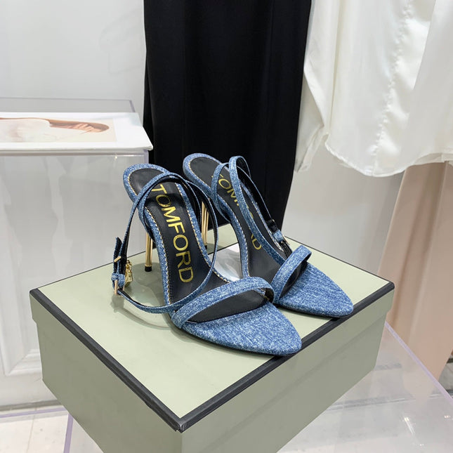 TOM FORD 26S GOLD BUCKLE HEELS 105 MM IN BLUE DENIM