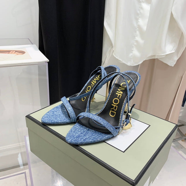 TOM FORD 26S GOLD BUCKLE HEELS 105 MM IN BLUE DENIM