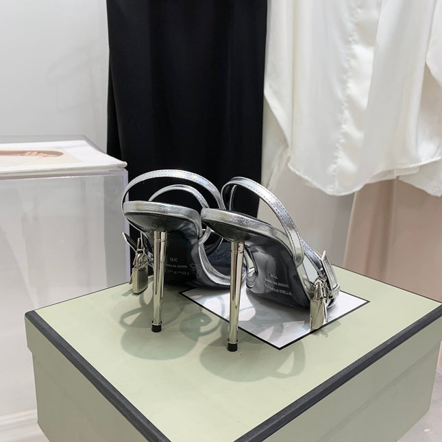 TOM FORD 26S GOLD BUCKLE HEELS 105 MM IN SILVER LAMBSKIN