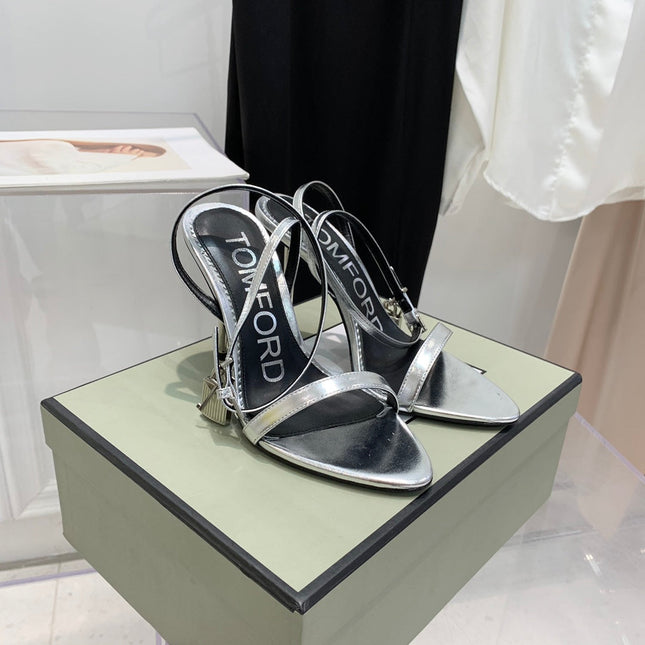 TOM FORD 26S GOLD BUCKLE HEELS 105 MM IN SILVER LAMBSKIN