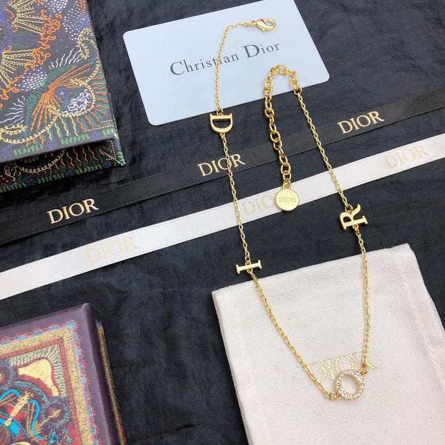CD 26S DIOR LOGO CHAIN LAYERED NECKLACE IN GOLD TONE METAL WITH CRYSTAL 631007