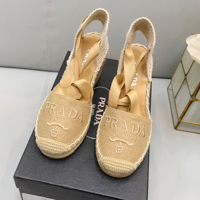 PRADA 26S ESPADRILLE HIGH HEEL SANDALS IN BEIGE CANVAS