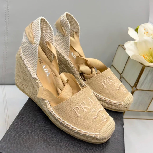 PRADA 26S ESPADRILLE HIGH HEEL SANDALS IN BEIGE CANVAS