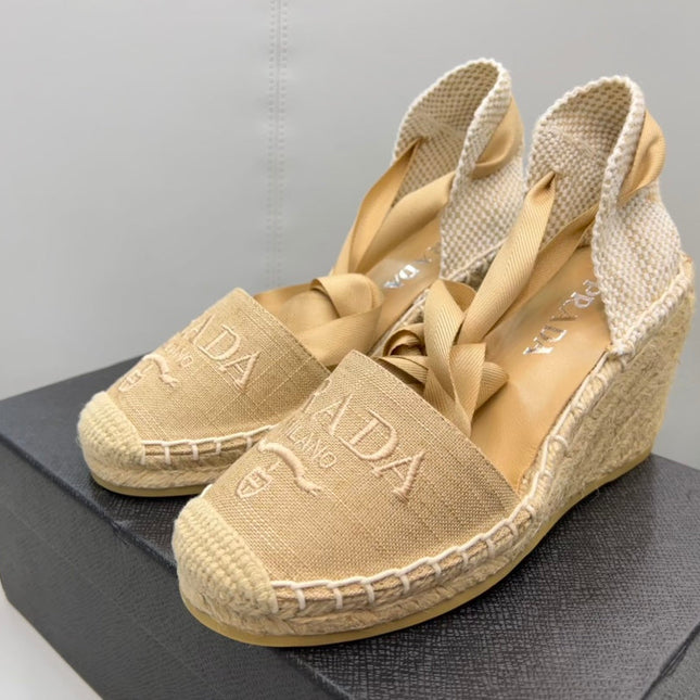 PRADA 26S ESPADRILLE HIGH HEEL SANDALS IN BEIGE CANVAS