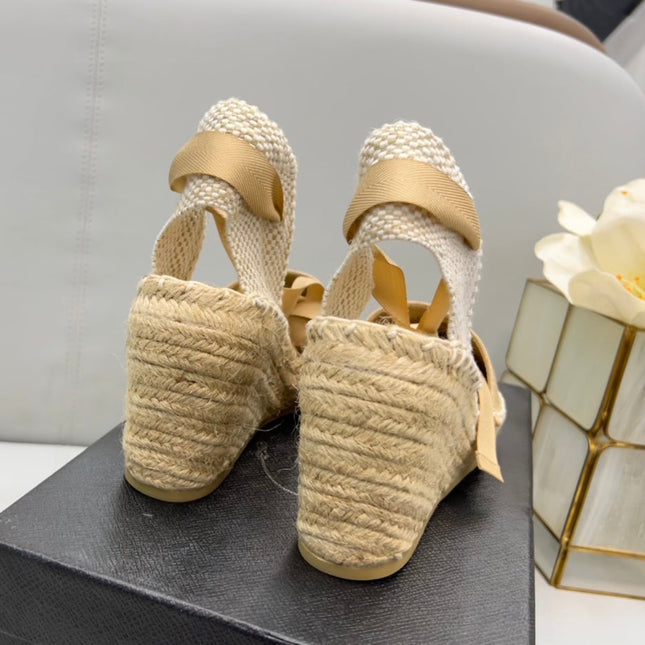 PRADA 26S ESPADRILLE HIGH HEEL SANDALS IN BEIGE CANVAS