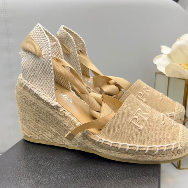 PRADA 26S ESPADRILLE HIGH HEEL SANDALS IN BEIGE CANVAS