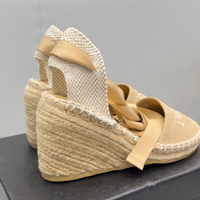 PRADA 26S ESPADRILLE HIGH HEEL SANDALS IN BEIGE CANVAS
