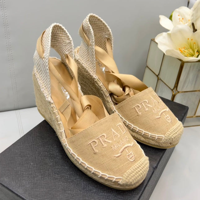 PRADA 26S ESPADRILLE HIGH HEEL SANDALS IN BEIGE CANVAS