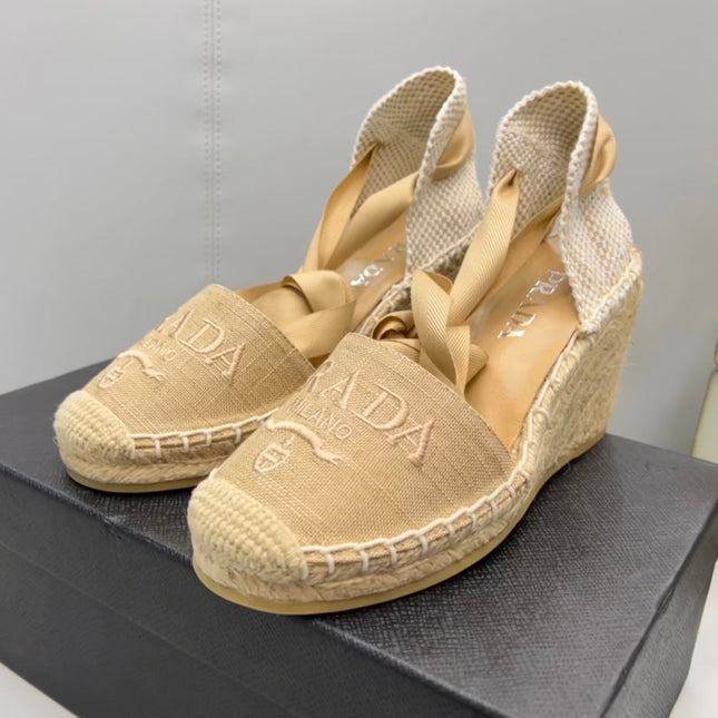 PRADA 26S ESPADRILLE HIGH HEEL SANDALS IN BEIGE CANVAS