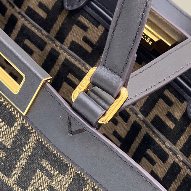 FENDI TOTE 41 BAG IN BROWN MIX BLACK MONOGRAM CANVAS GOLD HARDWARE