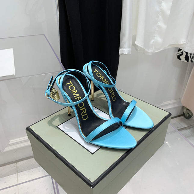 TOM FORD 26S GOLD BUCKLE HEELS 105 MM IN AQUA BLUE LAMBSKIN