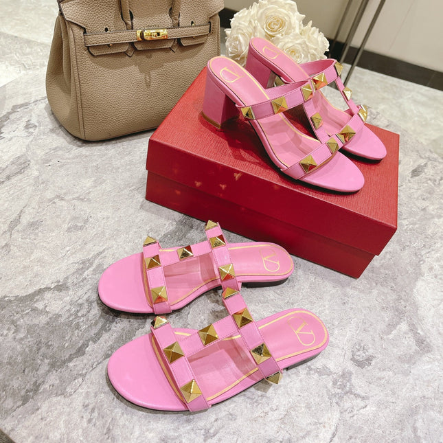 ROMAN STUD BRIGHT PINK CALFSKIN FLAT SLIDE SANDAL 25 MM