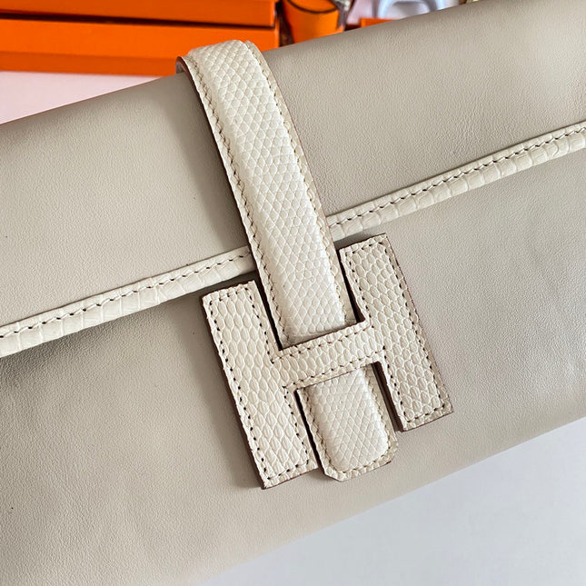 JIGE ELAN 29 CLUTCH IN BISQUE BEIGE CALFSKIN WITH LIZARD SKIN