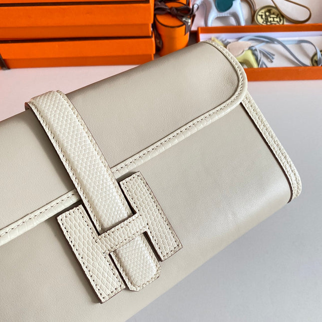JIGE ELAN 29 CLUTCH IN BISQUE BEIGE CALFSKIN WITH LIZARD SKIN