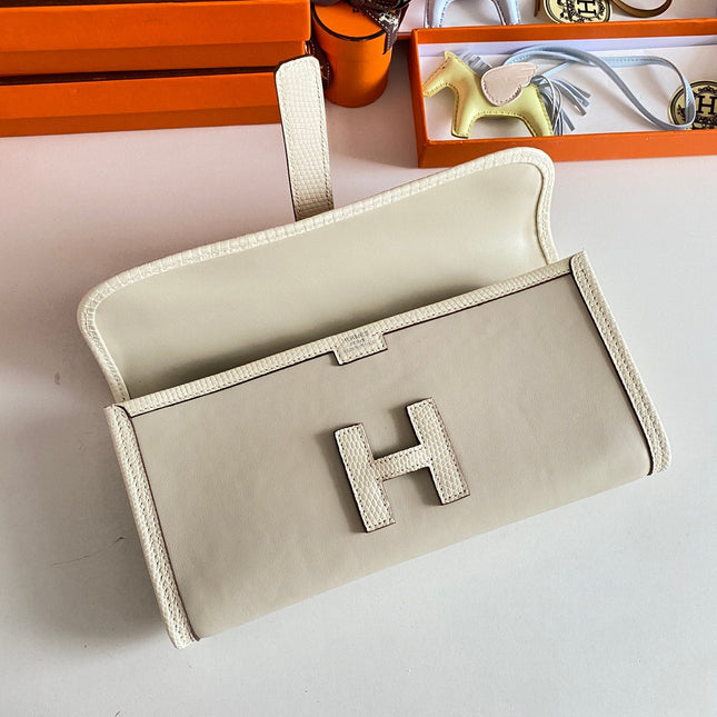 JIGE ELAN 29 CLUTCH IN BISQUE BEIGE CALFSKIN WITH LIZARD SKIN