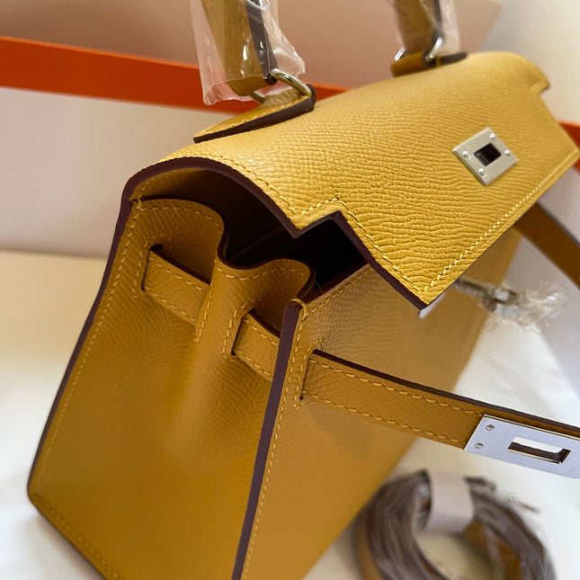 KELLY MINI 20 BAG IN DIJON YELLOW CALFSKIN WITH GOLD HARDWARE