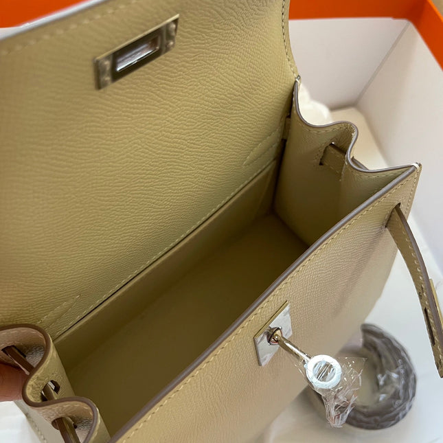 KELLY MINI 20 BAG IN OAT TAN CALFSKIN WITH SILVER HARDWARE