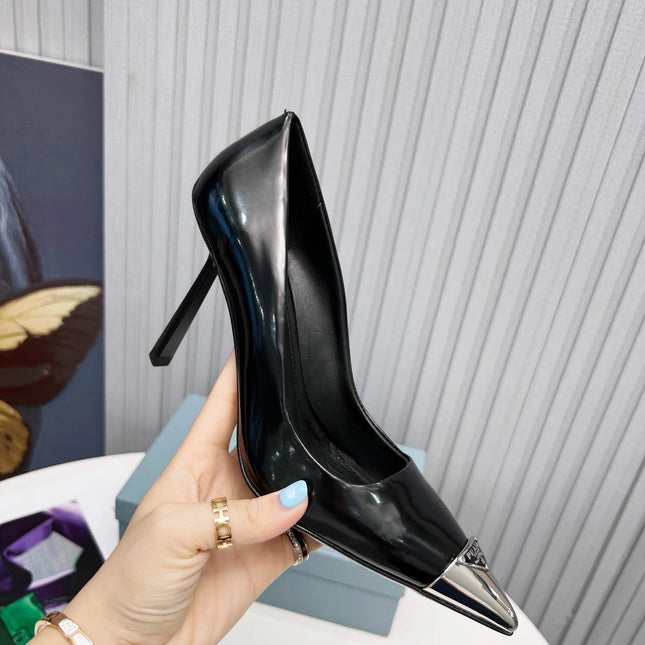 PRADA 26S PUMPS STILETTO HEEL 95MM IN BLACK METAL TIP CALFSKIN