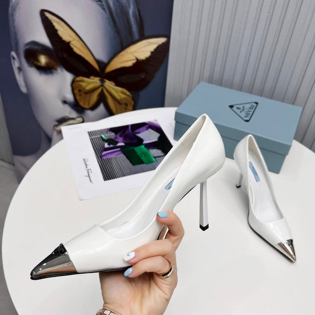 PRADA 26S PUMPS STILETTO HEEL 95MM IN WHITE METAL TIP CALFSKIN