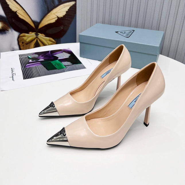 PRADA 26S PUMPS STILETTO HEEL 95MM IN NUDE BEIGE METAL TIP CALFSKIN