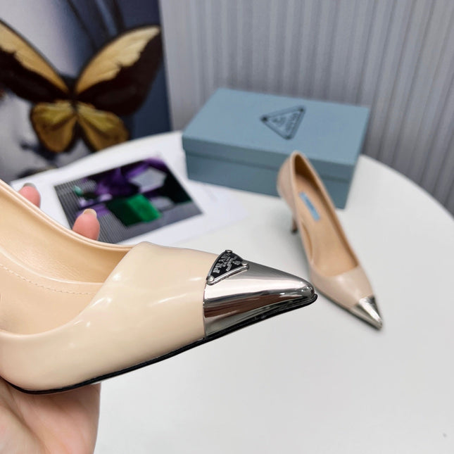 PRADA 26S PUMPS STILETTO HEEL 95MM IN NUDE BEIGE METAL TIP CALFSKIN