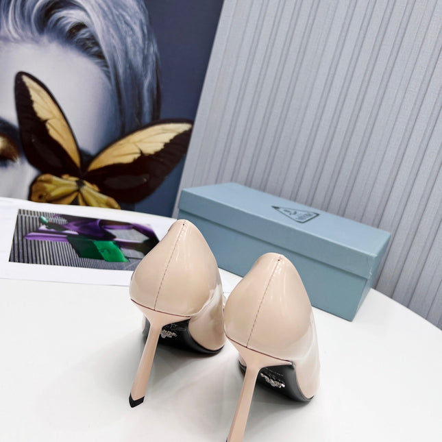 PRADA 26S PUMPS STILETTO HEEL 95MM IN NUDE BEIGE METAL TIP CALFSKIN