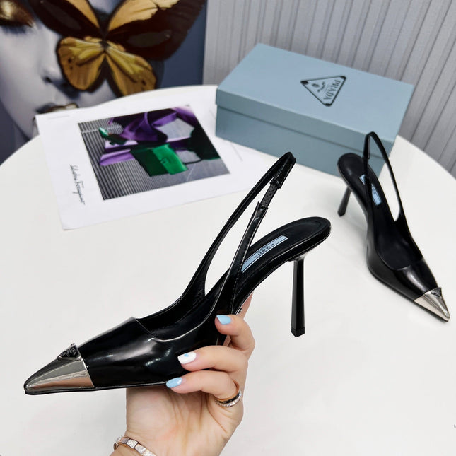 PRADA 26S SLINGBACK HEELS 95MM IN BLACK METAL TIP CALFSKIN