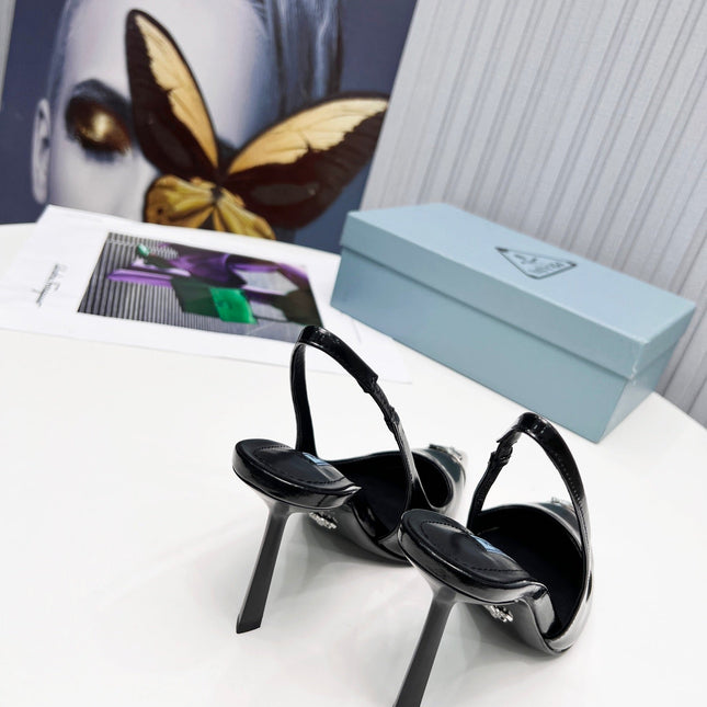 PRADA 26S SLINGBACK HEELS 95MM IN BLACK METAL TIP CALFSKIN
