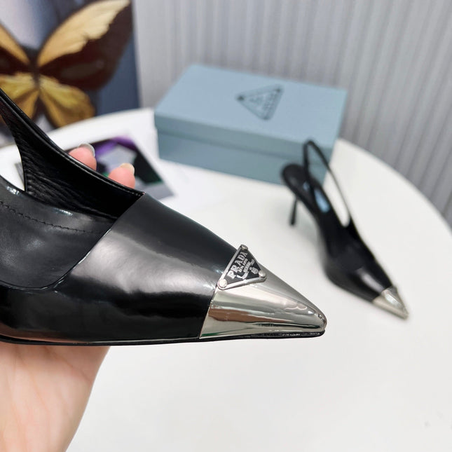 PRADA 26S SLINGBACK HEELS 95MM IN BLACK METAL TIP CALFSKIN