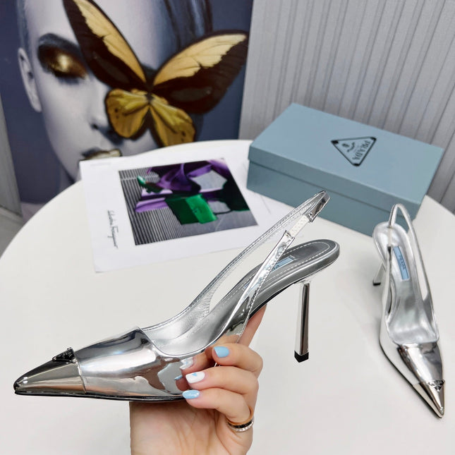 PRADA 26S SLINGBACK HEELS 95MM IN SILVER METAL TIP CALFSKIN