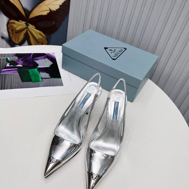 PRADA 26S SLINGBACK HEELS 95MM IN SILVER METAL TIP CALFSKIN