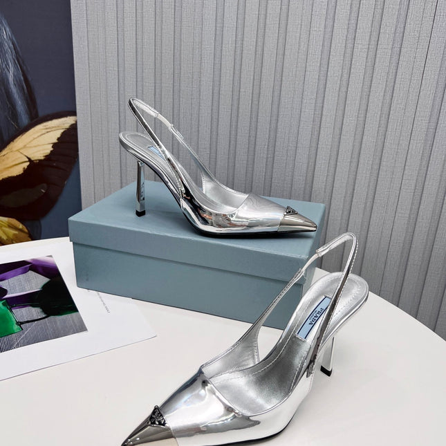 PRADA 26S SLINGBACK HEELS 95MM IN SILVER METAL TIP CALFSKIN