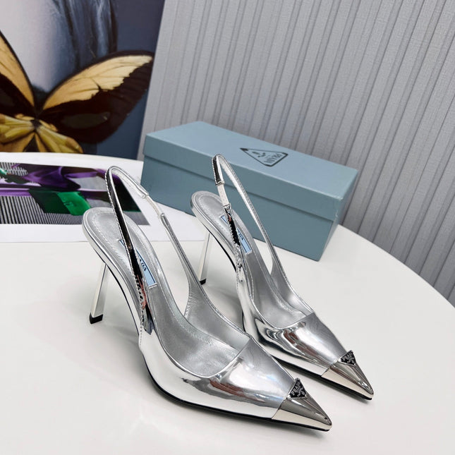 PRADA 26S SLINGBACK HEELS 95MM IN SILVER METAL TIP CALFSKIN