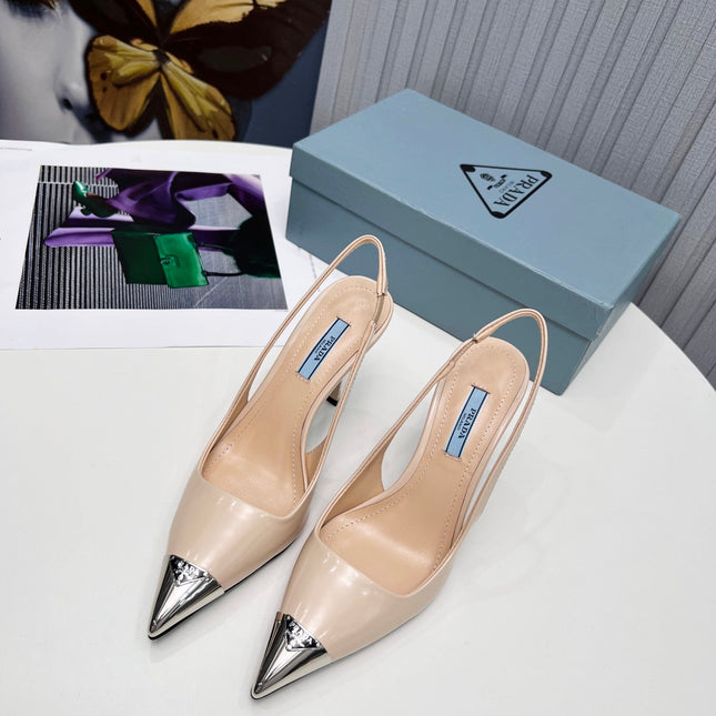 PRADA 26S SLINGBACK HEELS 95MM IN NUDE BEIGE METAL TIP CALFSKIN