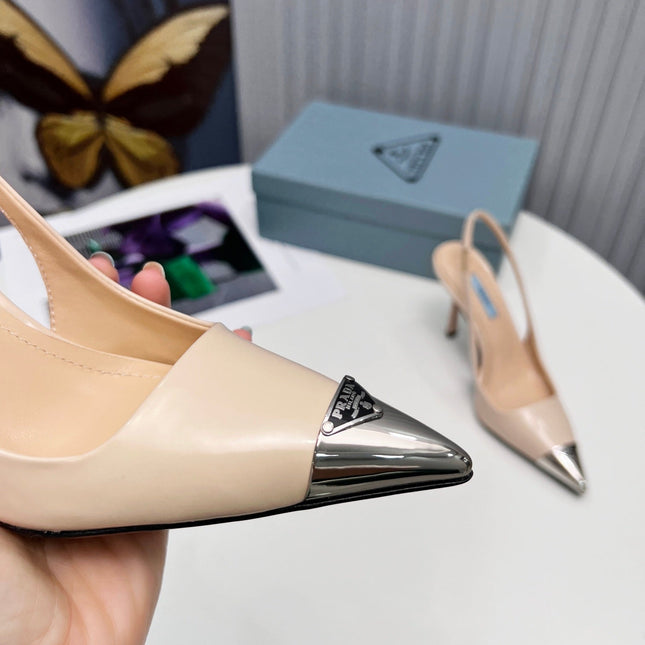 PRADA 26S SLINGBACK HEELS 95MM IN NUDE BEIGE METAL TIP CALFSKIN