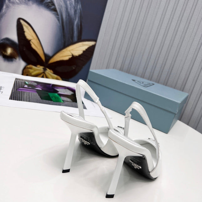 PRADA 26S SLINGBACK HEELS 95MM IN WHITE METAL TIP CALFSKIN