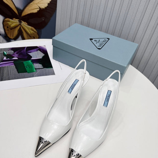 PRADA 26S SLINGBACK HEELS 95MM IN WHITE METAL TIP CALFSKIN