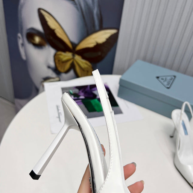 PRADA 26S SLINGBACK HEELS 95MM IN WHITE METAL TIP CALFSKIN