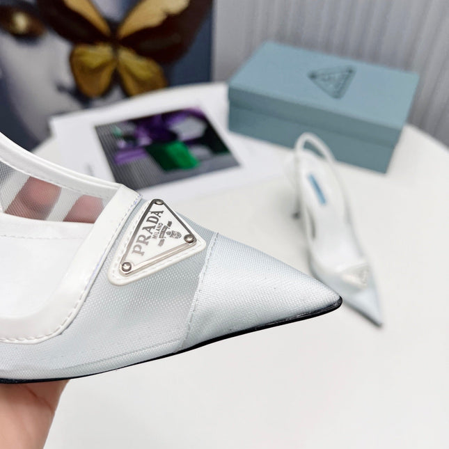 PRADA 26S SLINGBACK PUMPS STILETTO HEEL 95MM IN WHITE MESH WITH LOGO