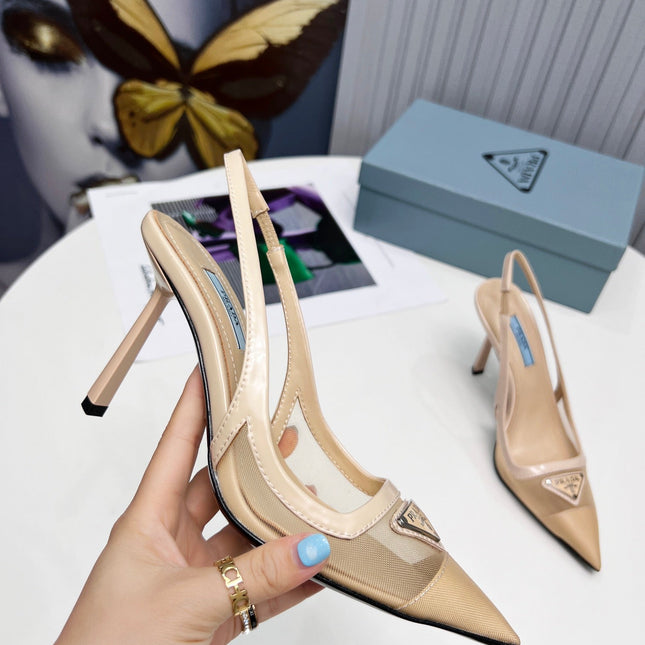 PRADA 26S SLINGBACK PUMPS STILETTO HEEL 95MM IN NUDE BEIGE MESH WITH LOGO