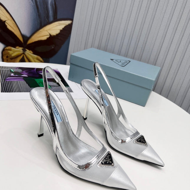 PRADA 26S SLINGBACK PUMPS STILETTO HEEL 95MM IN SILVER MESH WITH LOGO
