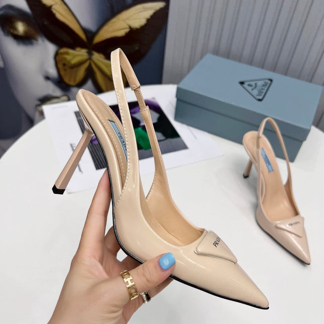 PRADA 26S SLINGBACK PUMPS STILETTO HEEL 95MM IN NUDE BEIGE CALFSKIN LOGO