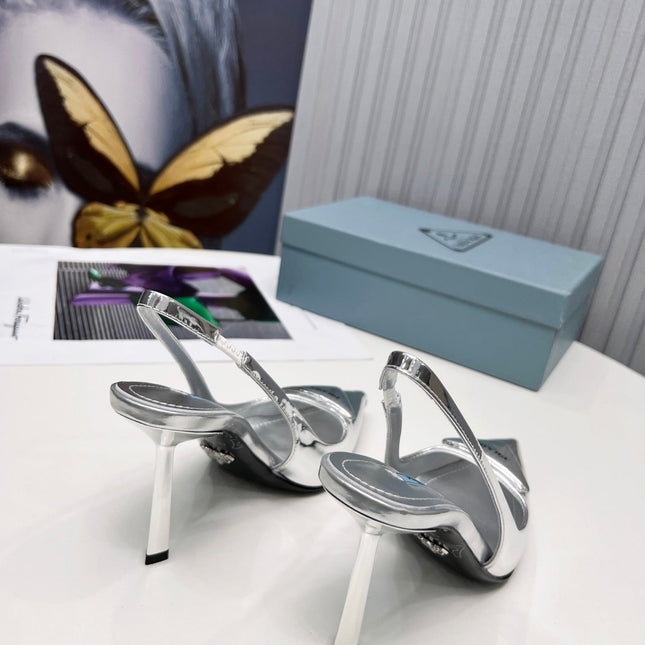 PRADA 26S SLINGBACK PUMPS STILETTO HEEL 95MM IN SILVER PATENT CALFSKIN LOGO