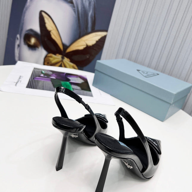 PRADA 26S SLINGBACK PUMPS STILETTO HEEL 95MM IN BLACK PATENT CALFSKIN LOGO