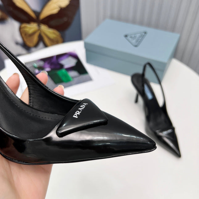 PRADA 26S SLINGBACK PUMPS STILETTO HEEL 95MM IN BLACK PATENT CALFSKIN LOGO