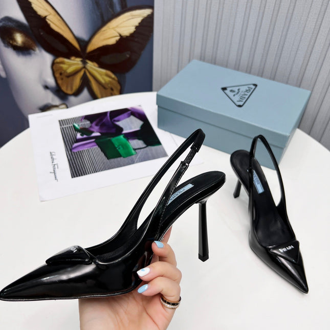 PRADA 26S SLINGBACK PUMPS STILETTO HEEL 95MM IN BLACK PATENT CALFSKIN LOGO