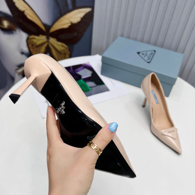 PRADA 26S POINTED TOE PUMPS STILETTO HEEL 95MM IN NUDE BEIGE PATENT CALFSKIN LOGO