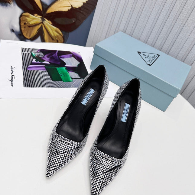 PRADA 26S POINTED TOE PUMPS STILETTO HEEL 95MM IN CRYSTAL EMBELLISHED STYLE 1
