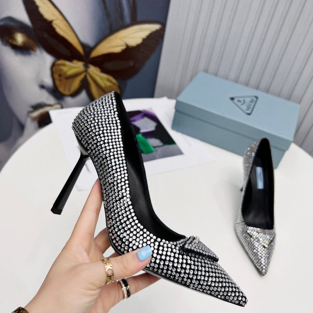 PRADA 26S POINTED TOE PUMPS STILETTO HEEL 95MM IN CRYSTAL EMBELLISHED STYLE 1